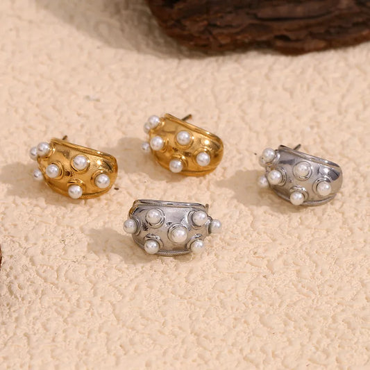 Retro Style Pearls Gold Stud Earrings