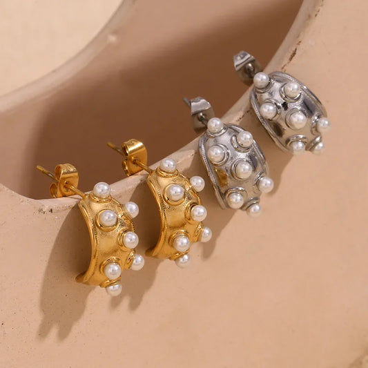 Retro Style Pearls Silver Stud Earrings