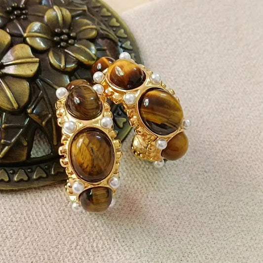 Brown Gemstones Gold Hoop Earrings