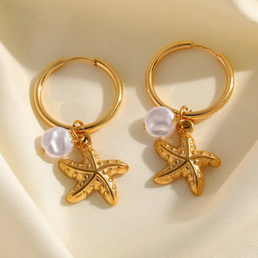Gold Hoop Pearl Starfish Earrings