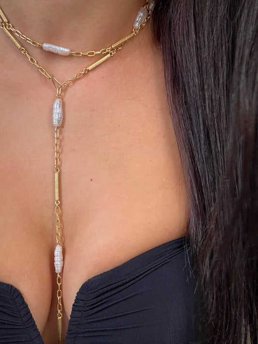 Long Gold and Pearls Necklace