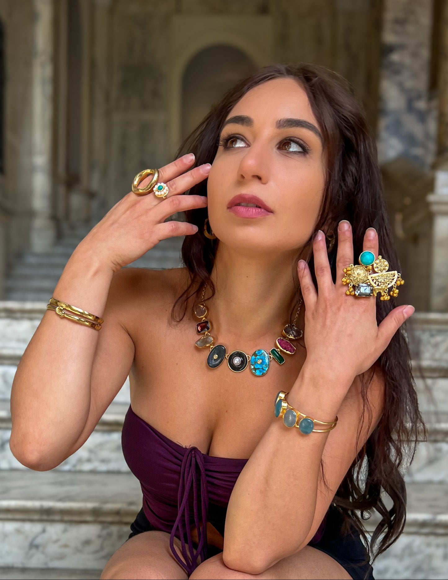 Turquoise and Black Gemstones Gold Ring