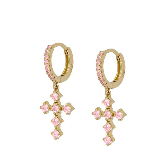 Pink Cross Gold Earrings