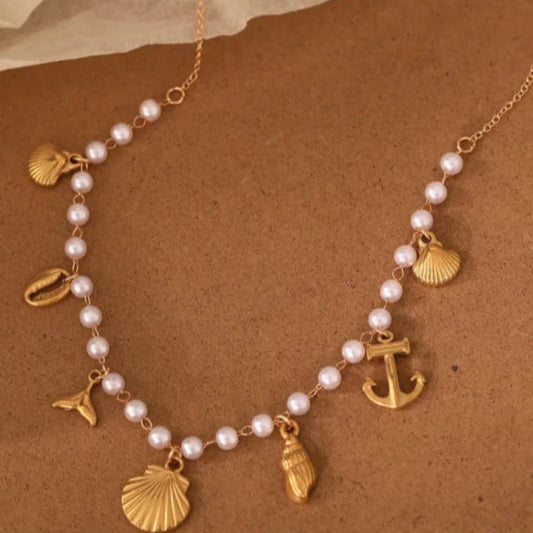Gold Sea Charms Pearl Necklace