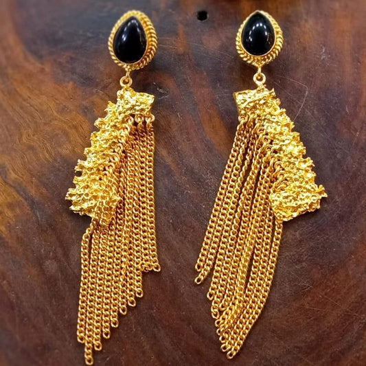 Gold Fringe Black Gemstone Earrings