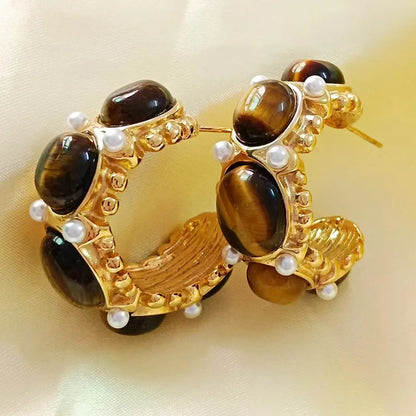Brown Gemstones Gold Hoop Earrings