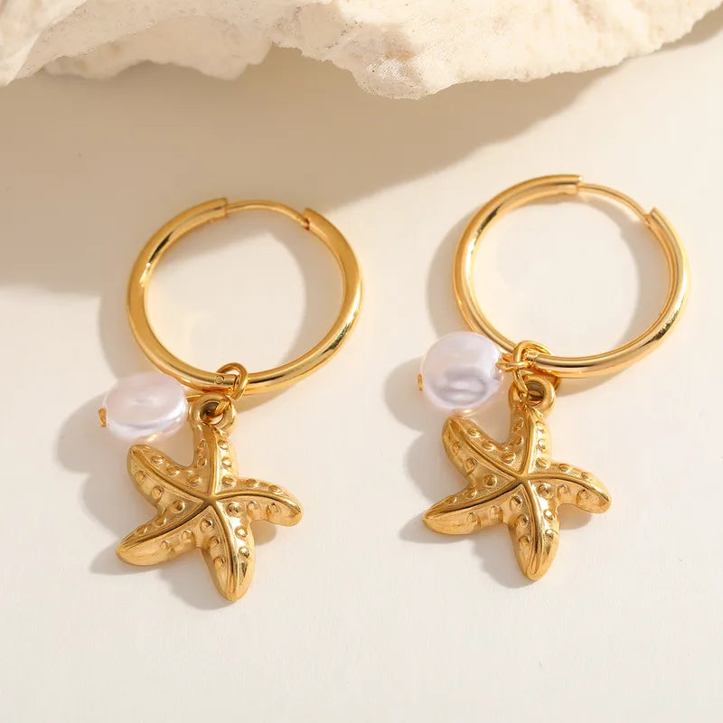 Gold Hoop Pearl Starfish Earrings