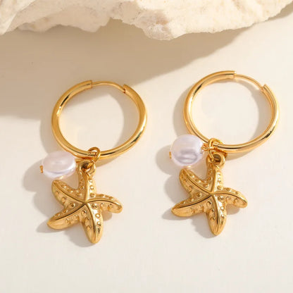 Gold Hoop Pearl Starfish Earrings