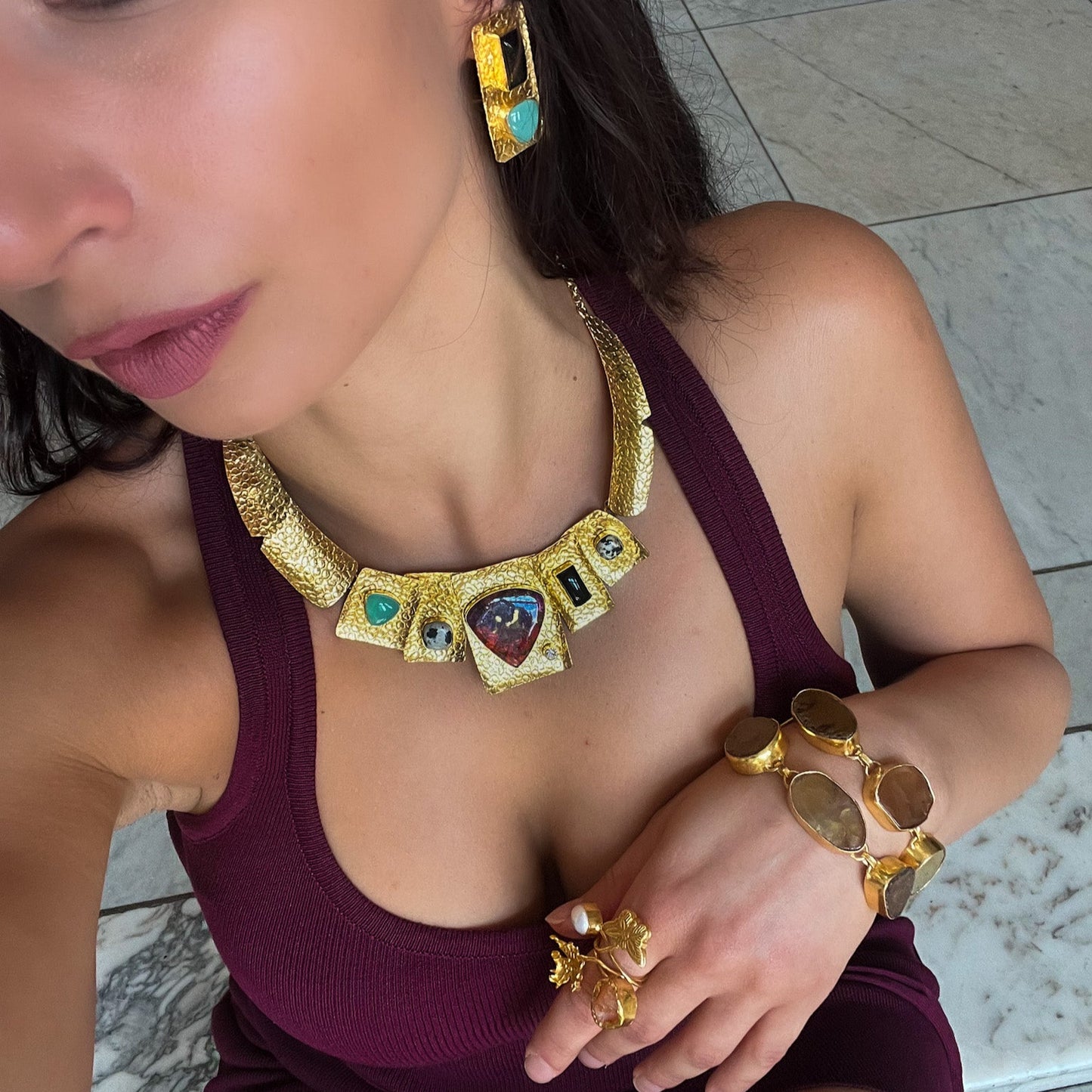 Natural Gemstones Gold Necklace