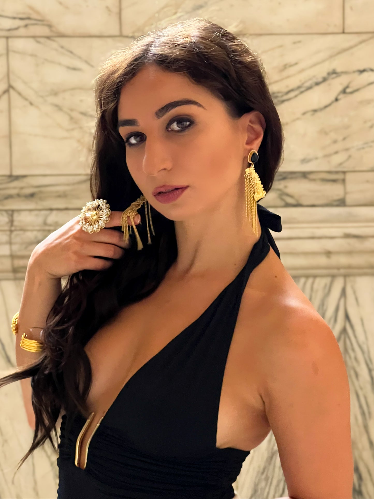 Gold Fringe Black Gemstone Earrings