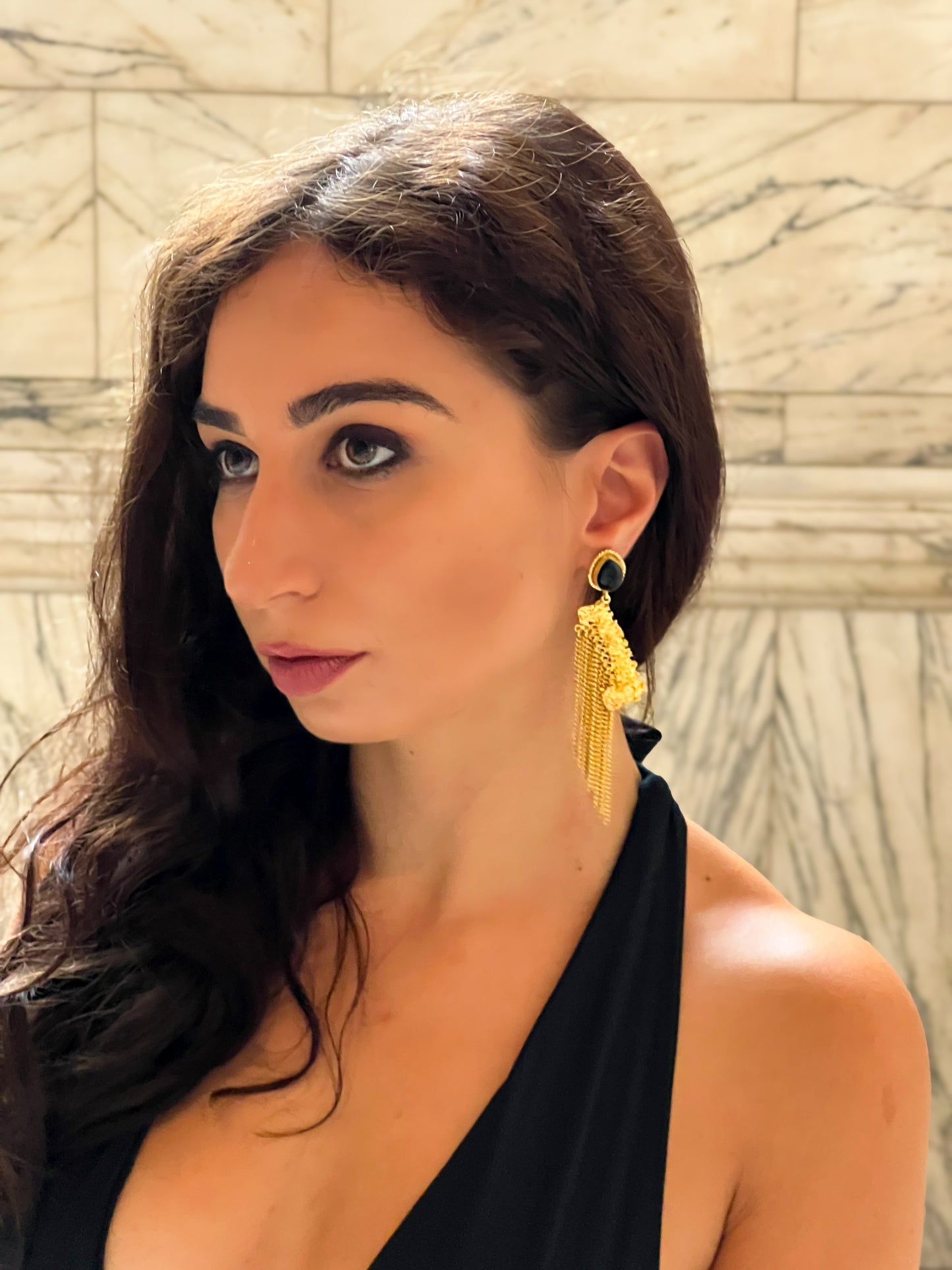 Gold Fringe Black Gemstone Earrings