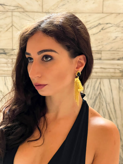 Gold Fringe Black Gemstone Earrings