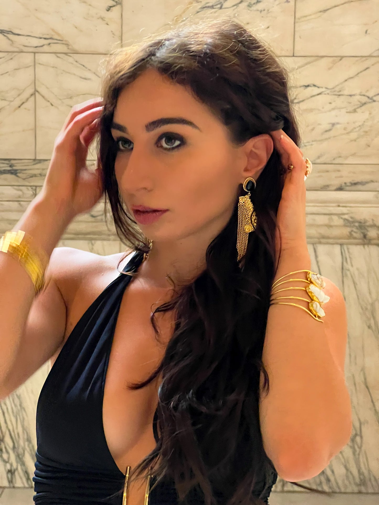 Gold Fringe Black Gemstone Earrings