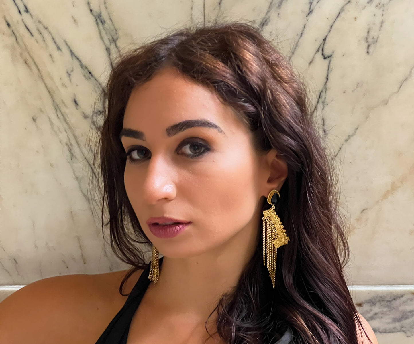Gold Fringe Black Gemstone Earrings