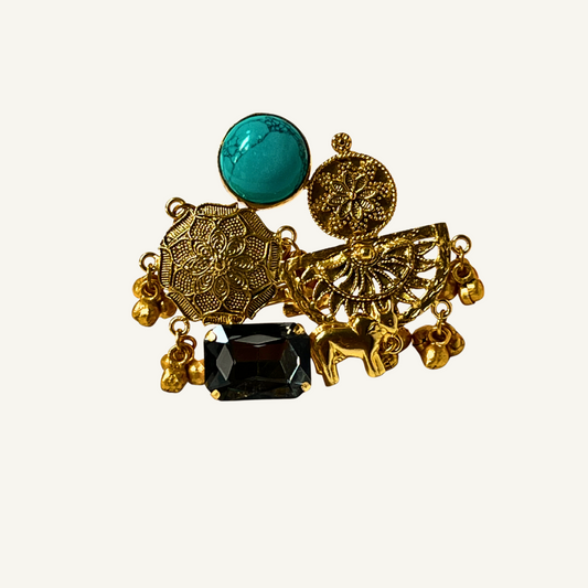 Turquoise and Black Gemstones Gold Ring