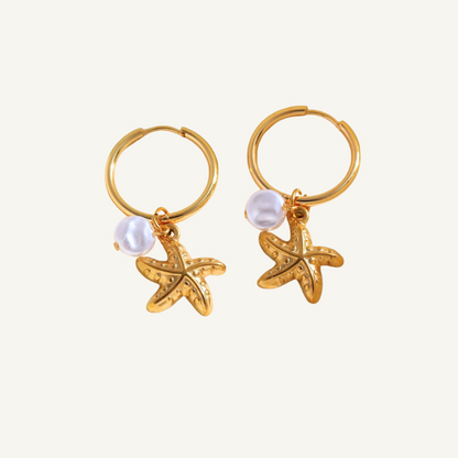 Gold Hoop Pearl Starfish Earrings