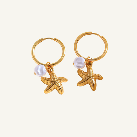 Gold Hoop Pearl Starfish Earrings