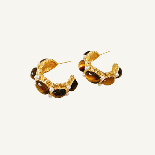 Brown Gemstones Gold Hoop Earrings