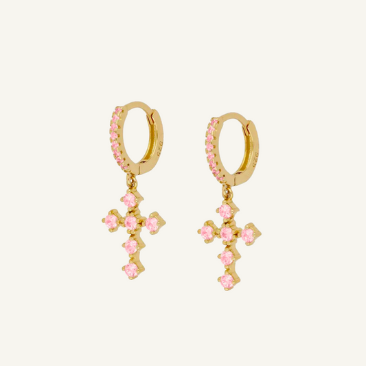 Pink Cross Gold Earrings