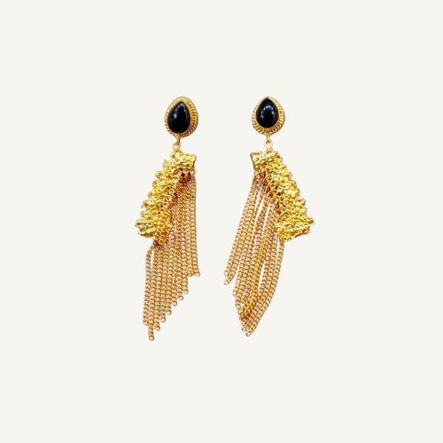 Gold Fringe Black Gemstone Earrings