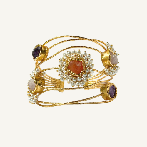 Bohemian Multi-Stone Pearl Gold Cuff Bracelet